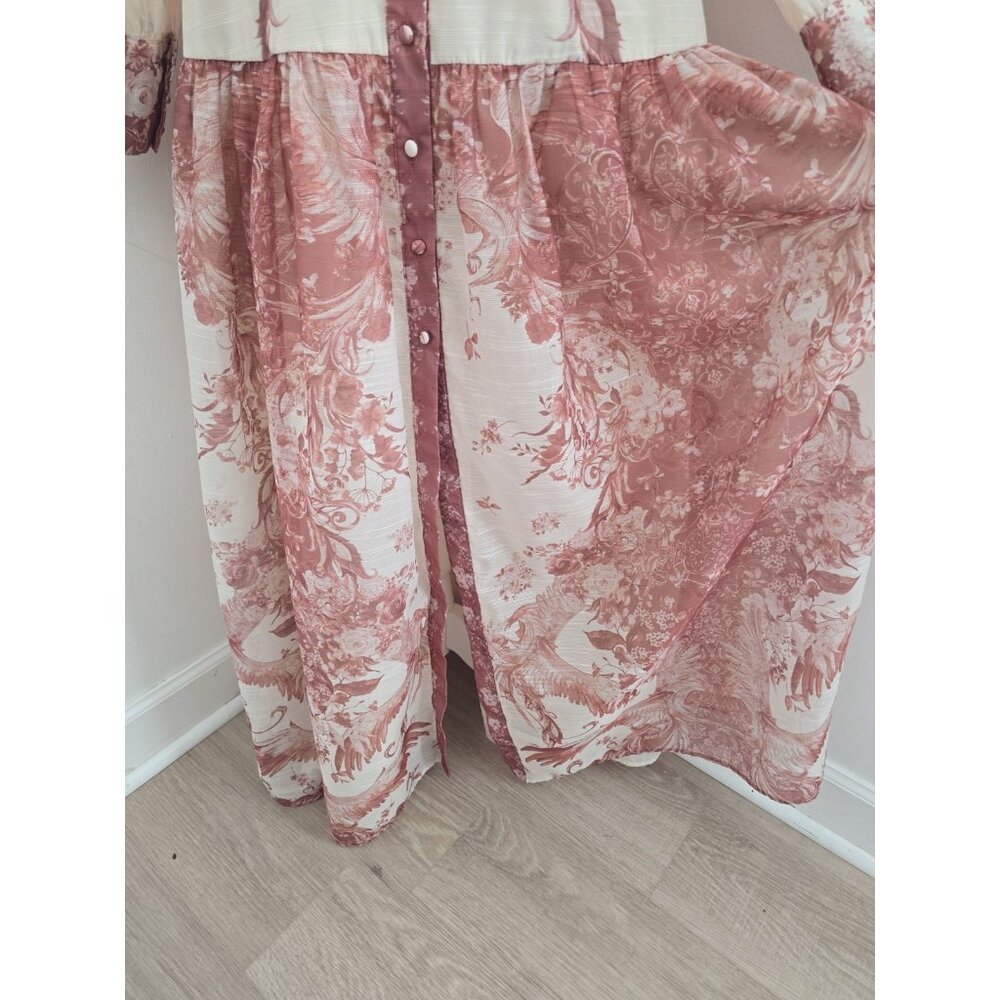 Floral Maxi Chinoiserie High Neck Belted Long Sleeves Mauve Pink Cream Dress M - Picture 8 of 12